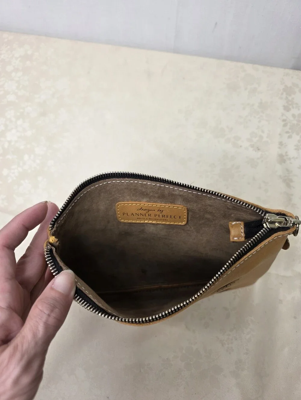Designs by Planner Perfect Daisy Engraved Leather Pouch Makeup Planner Bag Tan